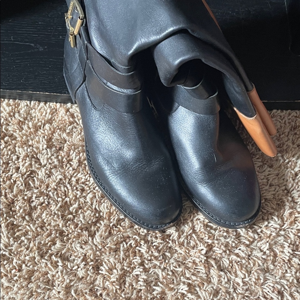 Rachel Zoe Black Leather Riding Buckle Boots with Tan Trim